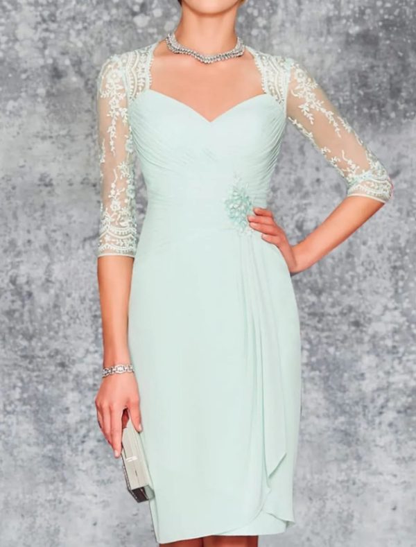 Two Piece Sheath Sweetheart Knee Length Chiffon Mother of Bride Dress, Lace Embroidery - Image 2