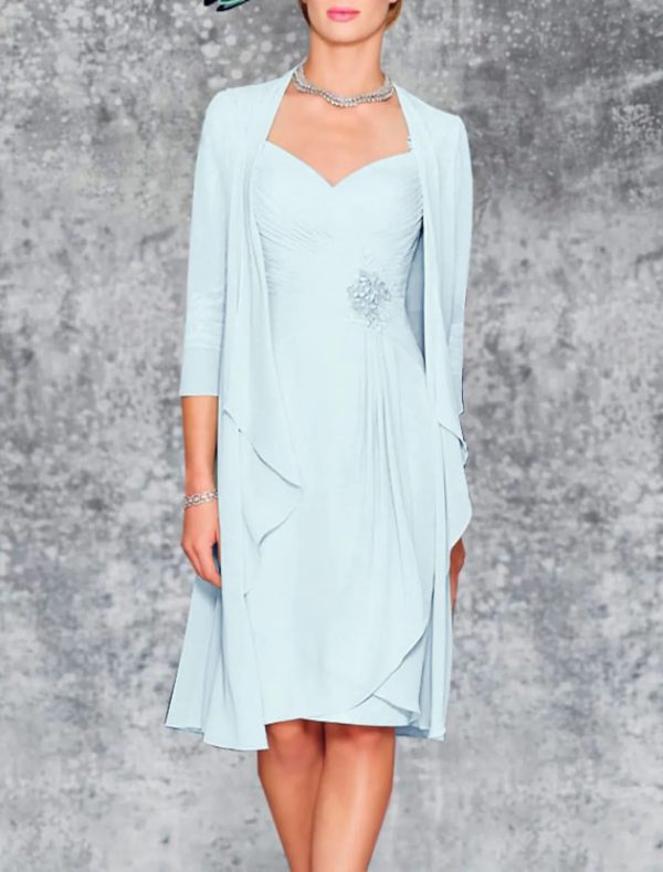 Two Piece Sheath Sweetheart Knee Length Chiffon Mother of Bride Dress, Lace Embroidery - Image 4