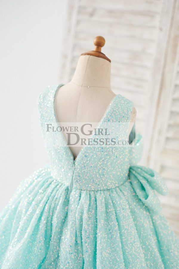 Princess V Back Mint Sequin Wedding Flower Girl Dress Kids Party Dress, Bow - Image 4