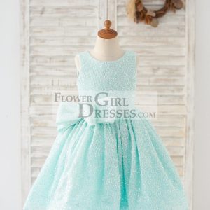 Princess V Back Mint Sequin Wedding Flower Girl Dress Kids Party Dress, Bow