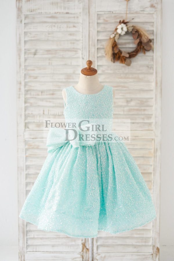 Princess V Back Mint Sequin Wedding Flower Girl Dress Kids Party Dress, Bow