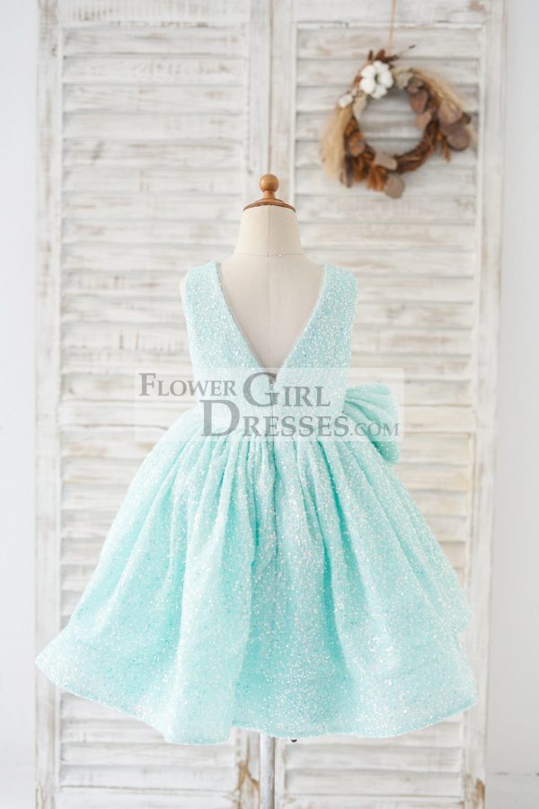 Princess V Back Mint Sequin Wedding Flower Girl Dress Kids Party Dress, Bow - Image 2