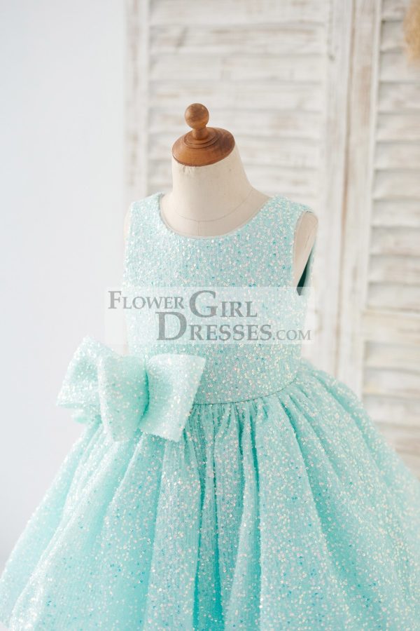 Princess V Back Mint Sequin Wedding Flower Girl Dress Kids Party Dress, Bow - Image 3