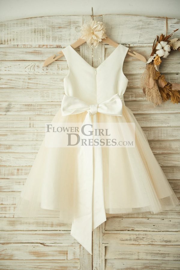 V Neck Ivory Satin Champagne Tulle Wedding Flower Girl Dress, Belt - Image 2