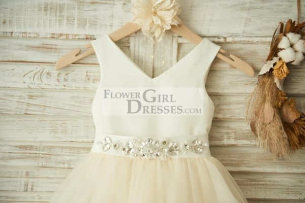 V Neck Ivory Satin Champagne Tulle Wedding Flower Girl Dress, Belt - Image 3