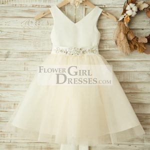 V Neck Ivory Satin Champagne Tulle Wedding Flower Girl Dress, Belt
