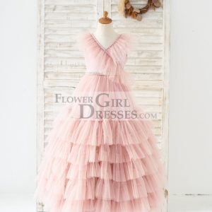 V Neck Mauve Tulle Cupcake Ruffles Wedding Flower Girl Dress