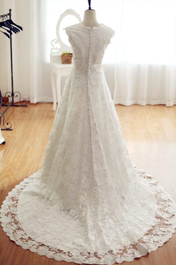 Vintage Inspired Lace V Neck Wedding Dress, Chapel Train - Image 2