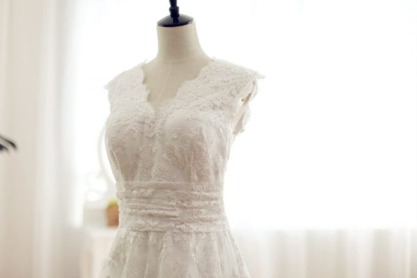 Vintage Inspired Lace V Neck Wedding Dress, Chapel Train - Image 3