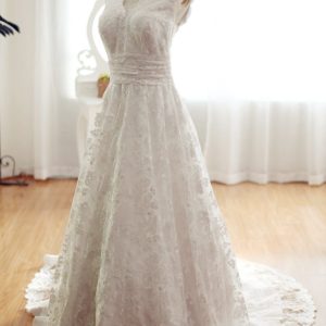 Vintage Inspired Lace V Neck Wedding Dress, Chapel Train