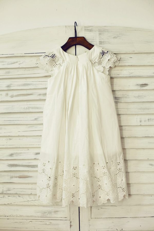 Vintage Ivory Cotton Eyelet Lace Cap Sleeves Flower Girl Dress - Image 2
