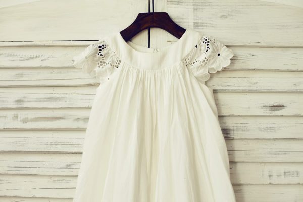 Vintage Ivory Cotton Eyelet Lace Cap Sleeves Flower Girl Dress - Image 3