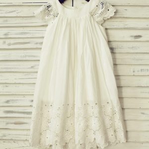 Vintage Ivory Cotton Eyelet Lace Cap Sleeves Flower Girl Dress