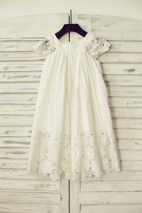 Vintage Ivory Cotton Eyelet Lace Cap Sleeves Flower Girl Dress