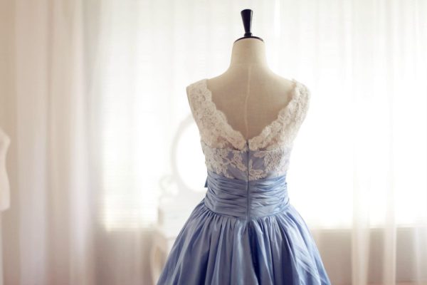 Vintage Ivory Lace Blue Taffeta Wedding Dress / Bridesmaid Dress in Knee Short Length - Image 5