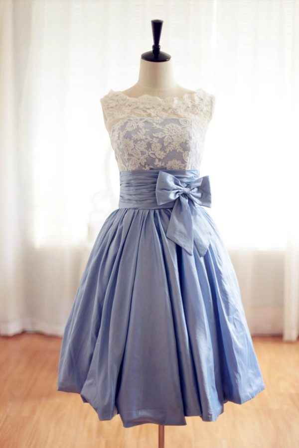 Vintage Ivory Lace Blue Taffeta Wedding Dress / Bridesmaid Dress in Knee Short Length - Image 2