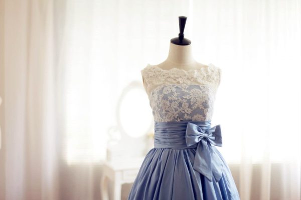 Vintage Ivory Lace Blue Taffeta Wedding Dress / Bridesmaid Dress in Knee Short Length - Image 4