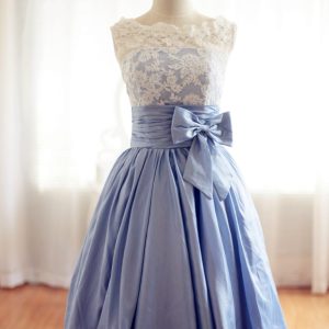 Vintage Ivory Lace Blue Taffeta Wedding Dress / Bridesmaid Dress in Knee Short Length