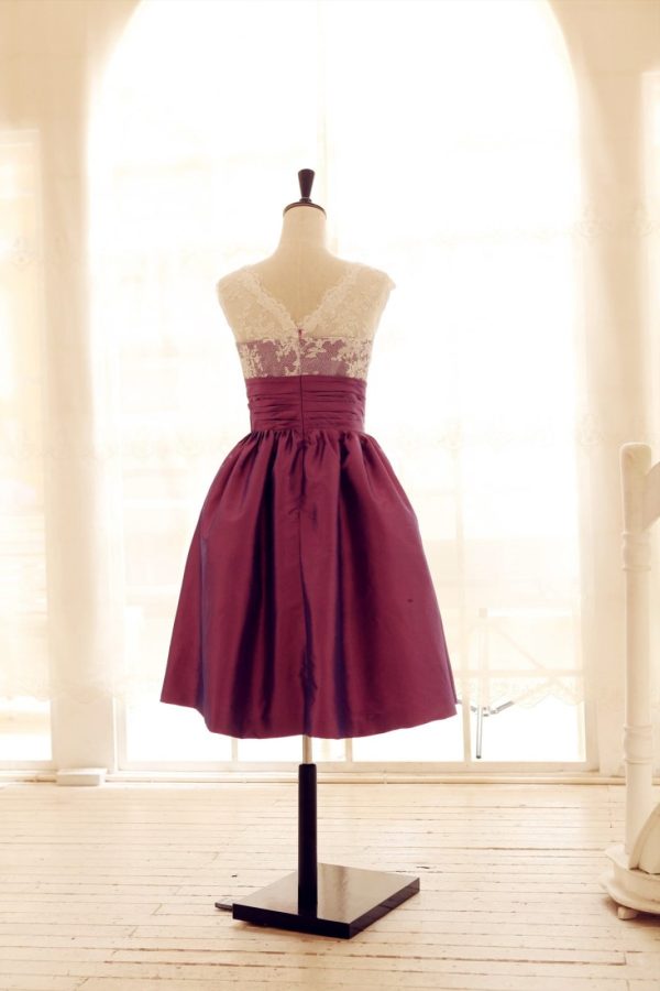 Vintage Ivory Lace Dark Raspberry Taffeta V Back Short Bridesmaid Dress - Image 2
