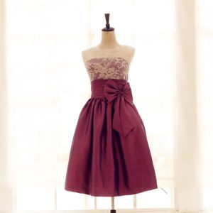 Vintage Ivory Lace Dark Raspberry Taffeta V Back Short Bridesmaid Dress