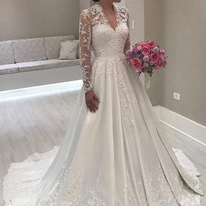 Vintage V Neck Long Sleeve Sweep Satin Wedding Dress, Lace