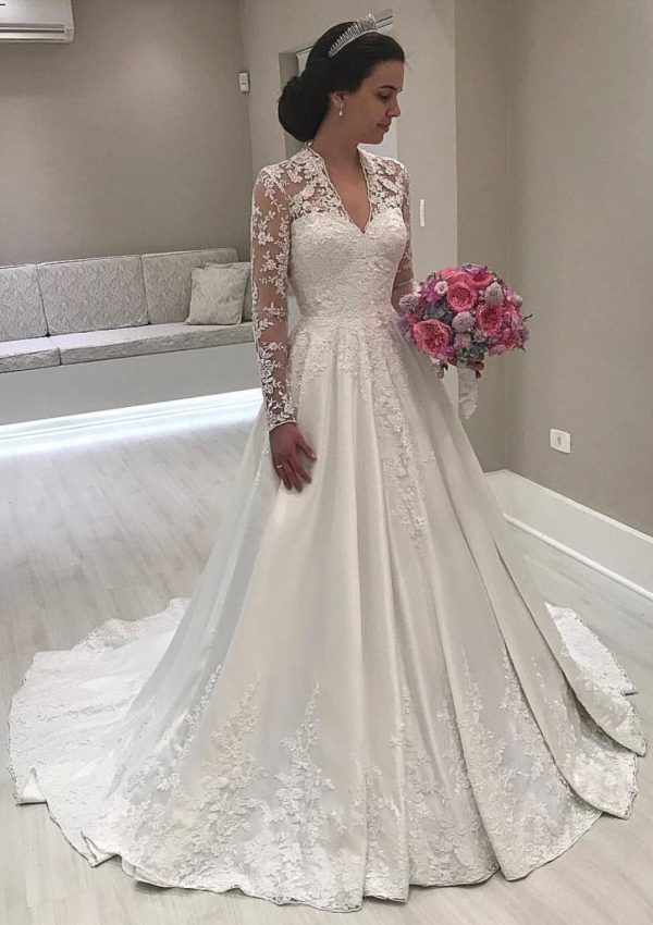 Vintage V Neck Long Sleeve Sweep Satin Wedding Dress, Lace