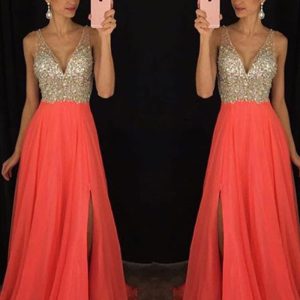 Watermelon A-line Chiffon V Neck Split Formal Evening Prom Dress, Rhinestones