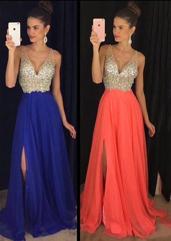 Watermelon A-line Chiffon V Neck Split Formal Evening Prom Dress, Rhinestones - Image 3