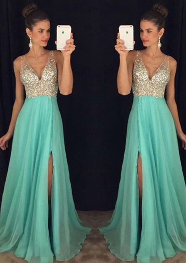 Watermelon A-line Chiffon V Neck Split Formal Evening Prom Dress, Rhinestones - Image 2
