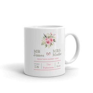 White Glossy Personalized Coffee Wedding Mug with Pink Floral Design
