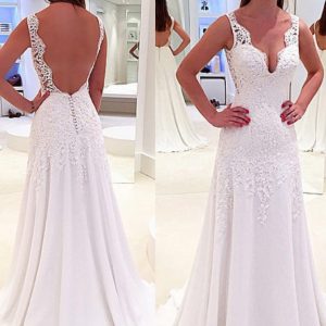White Lace Chiffon A-Line/Princess Sleeveless Backless Wedding Dress