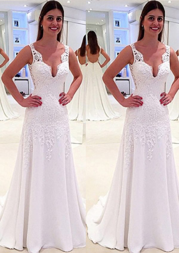 White Lace Chiffon A-Line/Princess Sleeveless Backless Wedding Dress - Image 2