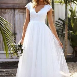 White V-Neck Cap Sleeve A-Line Tulle Keyhole Wedding Dress, Lace