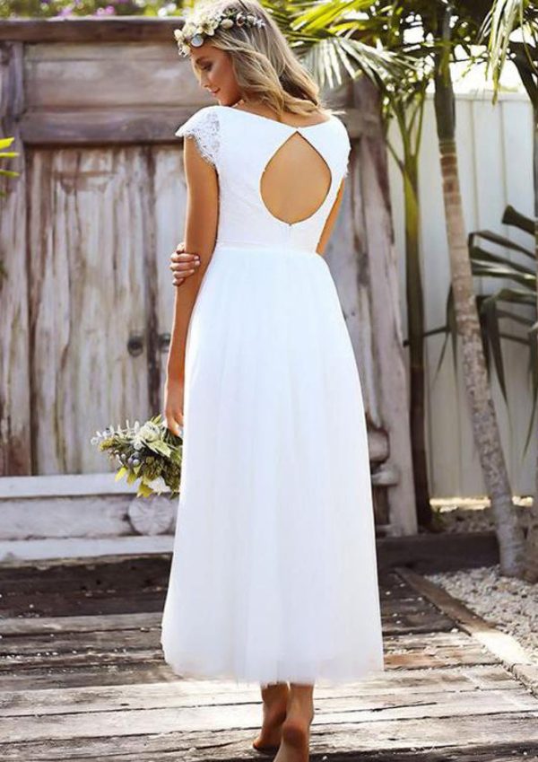 White V-Neck Cap Sleeve A-Line Tulle Keyhole Wedding Dress, Lace - Image 2