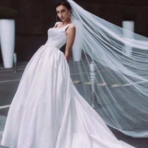 White Satin Ball Gown Square Lace Up Cathedral Sleeveless Wedding Dress