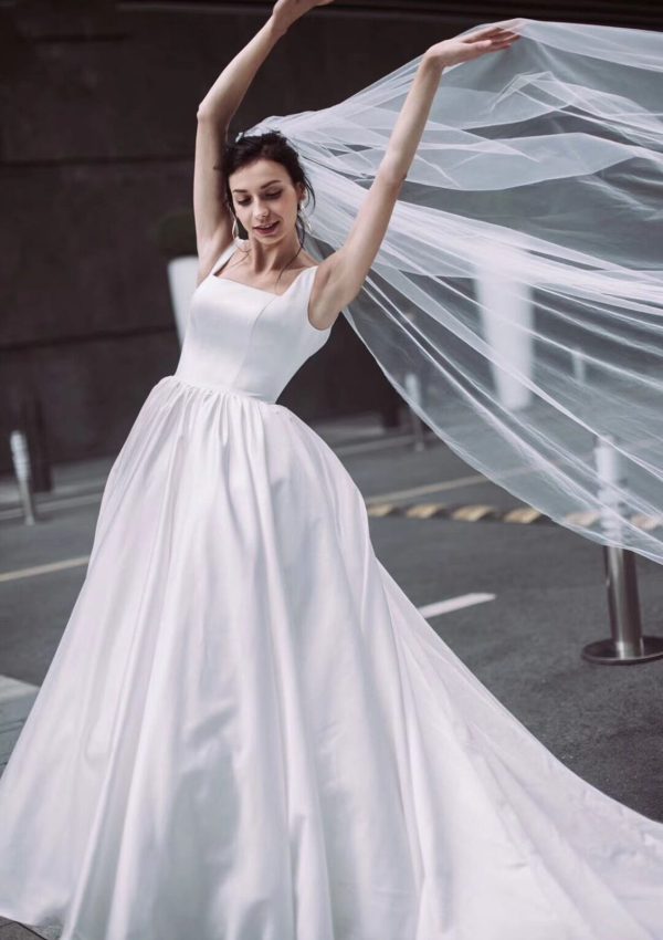 White Satin Ball Gown Square Lace Up Cathedral Sleeveless Wedding Dress - Image 3