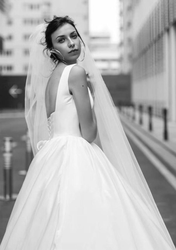 White Satin Ball Gown Square Lace Up Cathedral Sleeveless Wedding Dress - Image 2