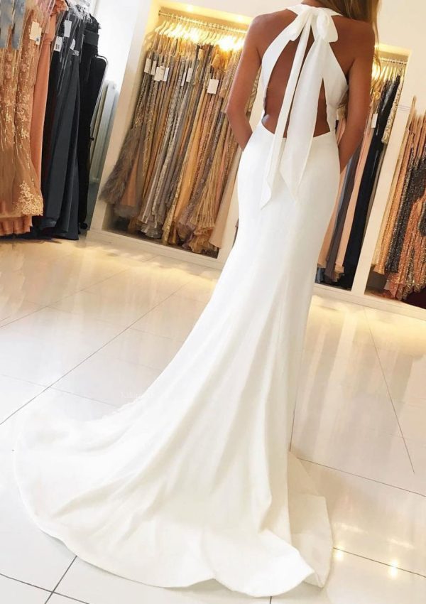 White Satin Prom Dress Sheath High Neck Sleeveless Cut-out Floor Length, Split - Image 2