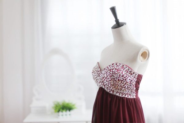 Wine Red Burgundy Chiffon Bridesmaid Dress Prom Dress Strapless Beaded Dress - Image 5
