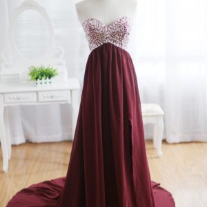 Wine Red Burgundy Chiffon Bridesmaid Dress Prom Dress Strapless Beaded Dress