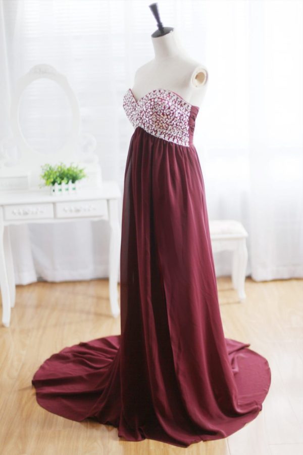 Wine Red Burgundy Chiffon Bridesmaid Dress Prom Dress Strapless Beaded Dress - Image 3
