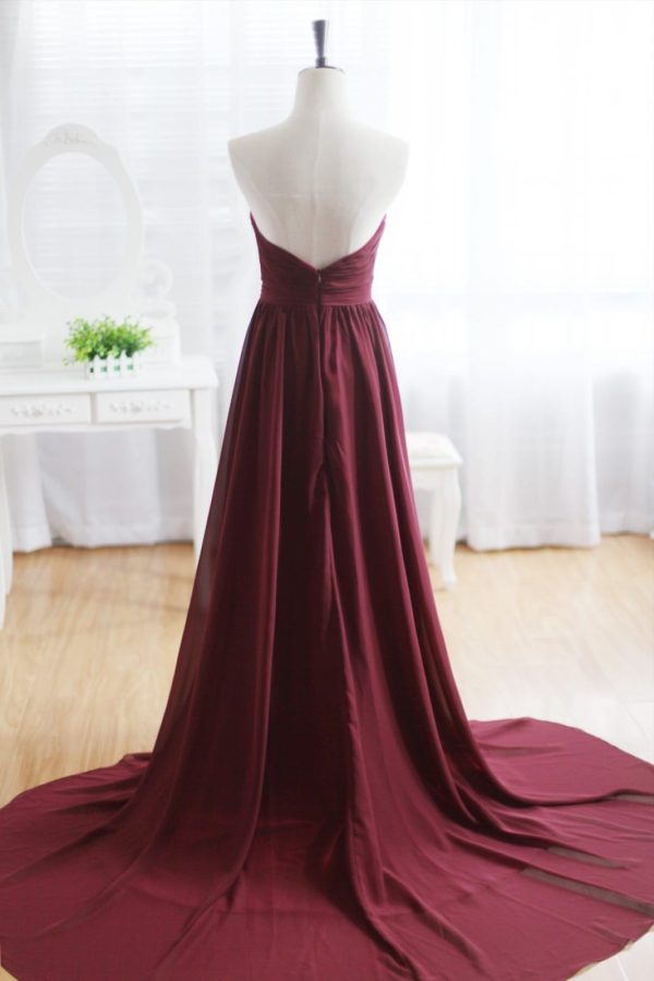 Wine Red Burgundy Chiffon Bridesmaid Dress Prom Dress Strapless Beaded Dress - Image 2